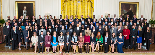 group photo of Barack Obama and recipients of the Presidential Early Career Award for Scientists and Engineers (PECASE)