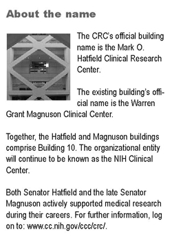 About the name: The CRC's official building name is the Mark O. Hatfield Clinical Research Center. Together, the Hatfield and Magnuson buildings comprise Building 10. The organizational entity will continue to be known as the NIIH Clinical Center.