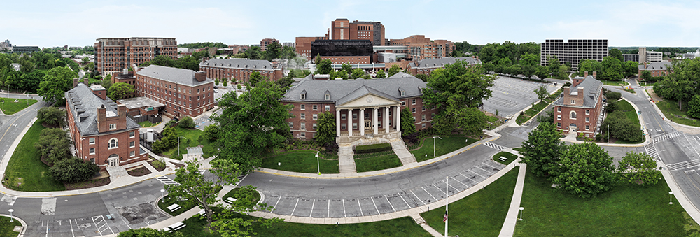 fisheye view  of the NIH campus with Building 1 in the foreground