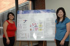 The two medical-surgical nurse internship program graduates present a poster they made.
