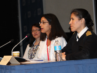 Dr. Maryland Pao, Dr. Tara N. Palmore and Captain Jeasmine E. Aizvera speaking