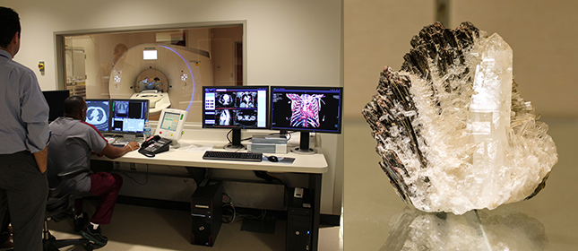 Left, Dennis Johnson conducting a scan on a patient. Right, Hubnerite.