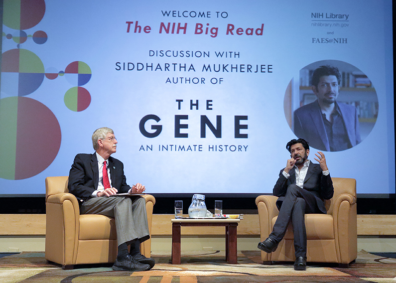 Dr. Siddhartha Mukherjee (right), Pulitzer Prize-winning author visits the National Institutes of Health April 17 to give a presentation based on his new book The Gene: An Intimate History.