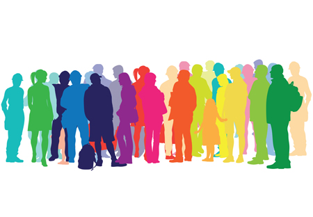 A graphic of 15-20 people in various colors