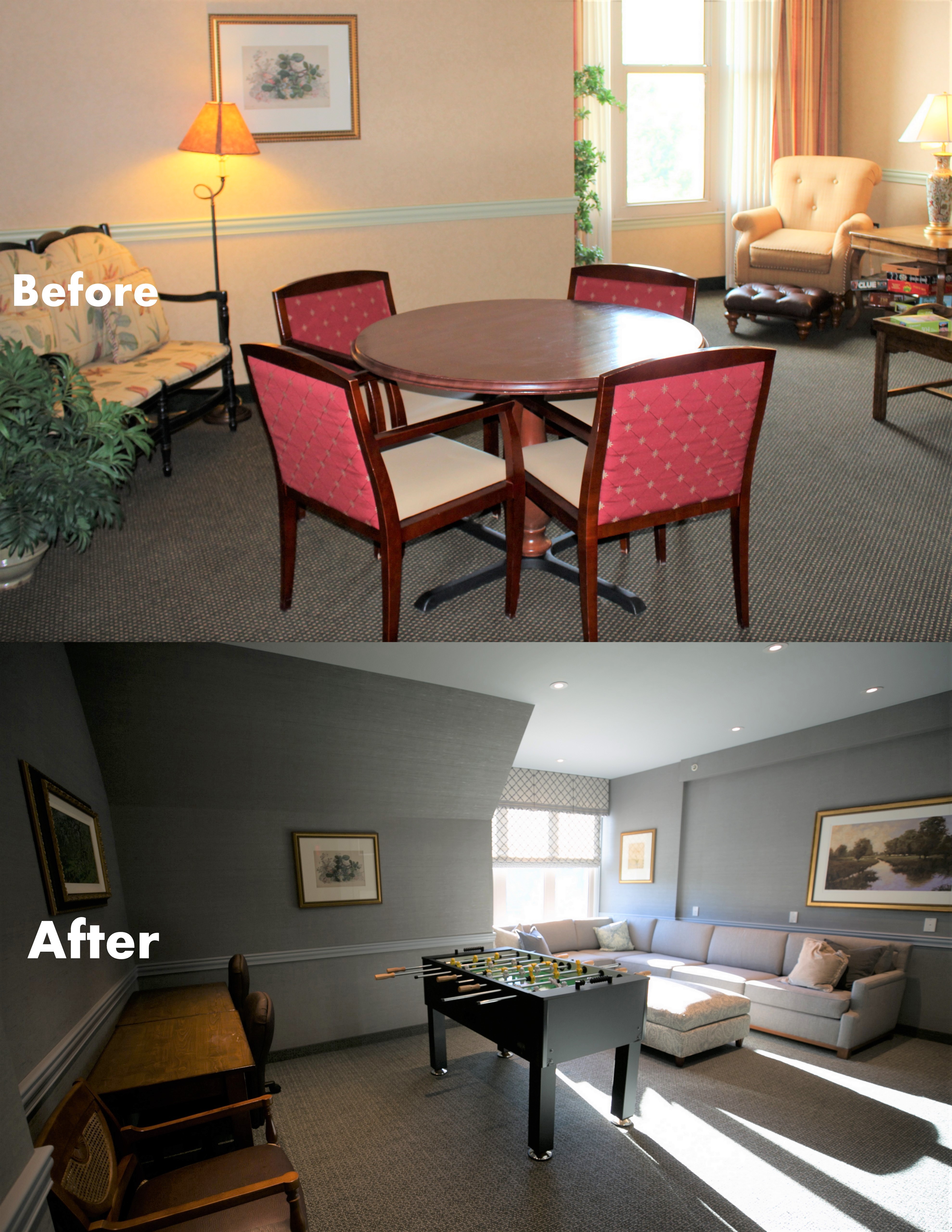 top image of a common area before redesign and the same space photographed on the bottom, after redesign