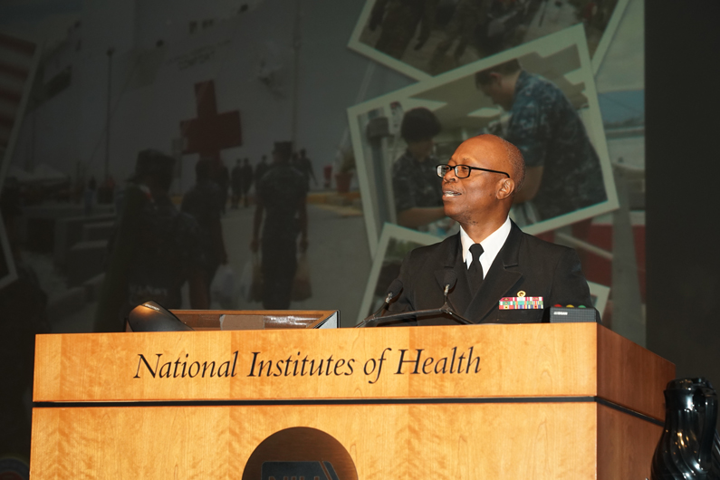 Retired Navy Capt. Pius A. Aiyelawo, the NIH Clinical Center's chief operating officer, speaks at the NIH Veterans Day Celebration Nov. 7.