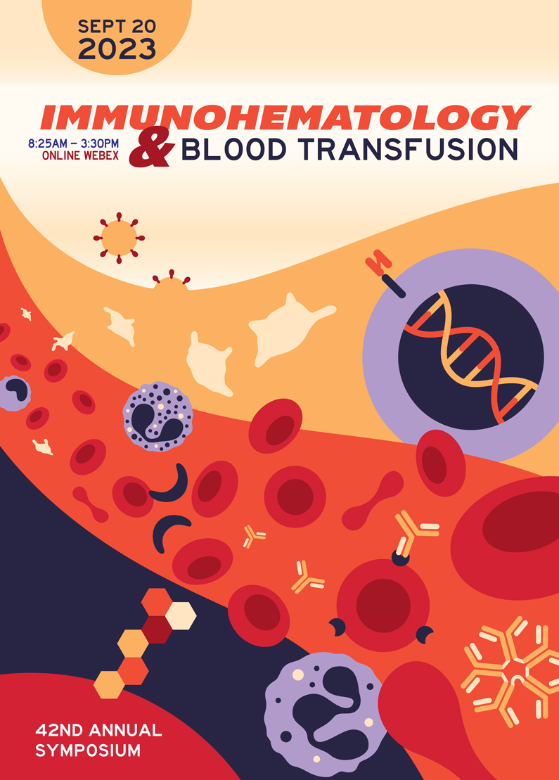 A graphic of cells and DNA with the title 42nd Annual Immunohematology and Blood Transfusion Symposium on Sept. 20, 2023