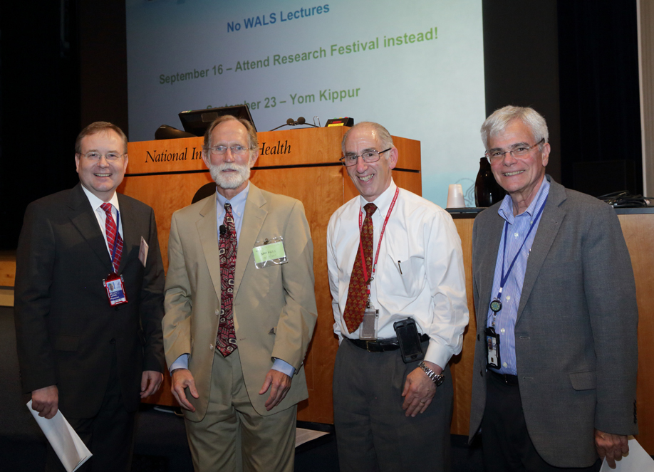 Dr. Willy Flegel, Chief of DTM’s Laboratory Services Section, Dr. Peter Agre, Dr. Harvey Klein, Chief of the Department of Transfusion Medicine and Dr. Michael Gottesman, Deputy Director for Intramural Research.