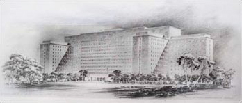 An artist's 1948 sketch of the NIH Clinical Center