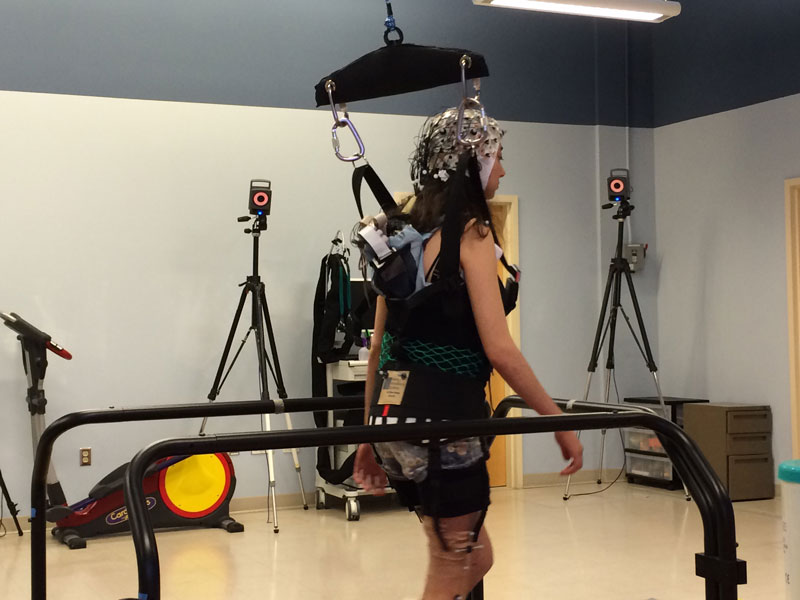 Photograph of collection of motion capture, EMG, and EEG during treadmill walking